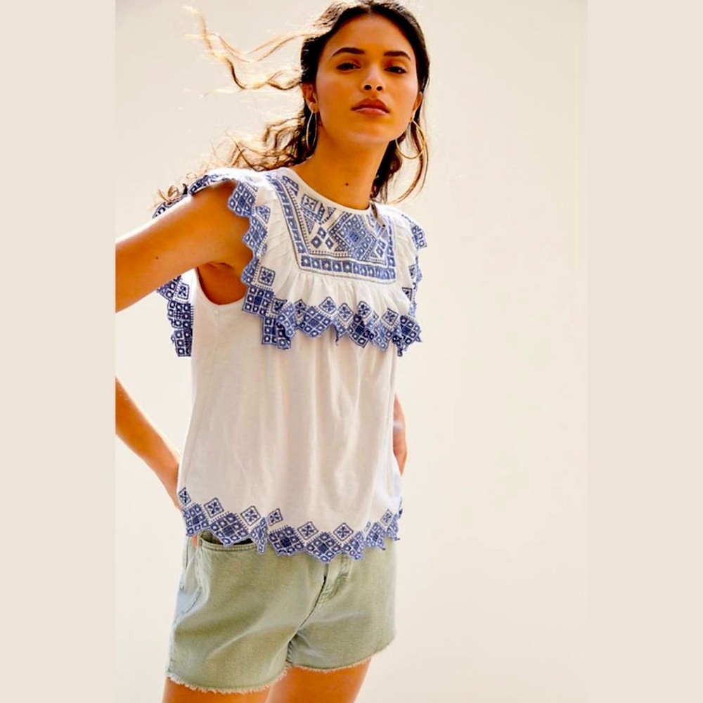 NWT Jennifer and Grace White & Blue Eyelet Sleeveless 100% Cotton Blouse Medium
